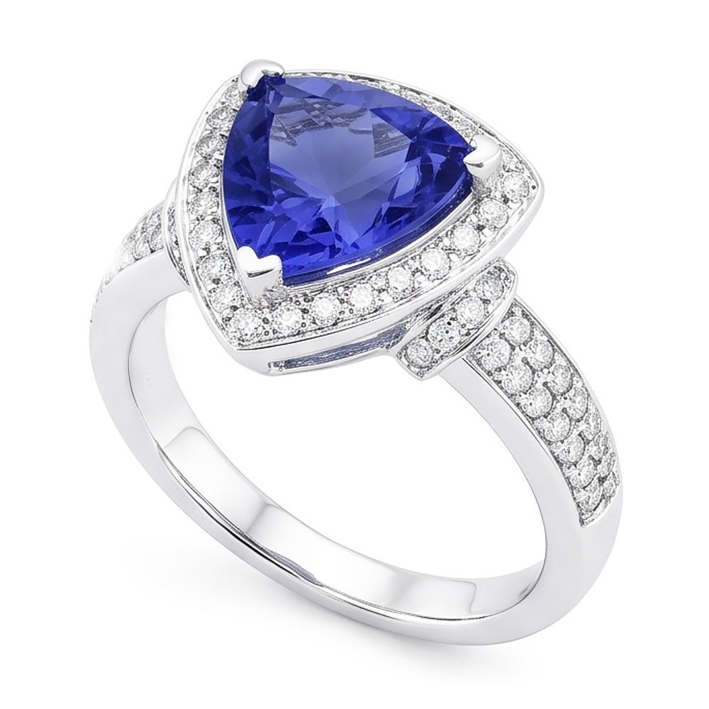 1.50 Ct Trillion Ceylon Sapphire And Round Natural Earth Mined DIAMOND ( NOT LAB GROWN )s Ring White Gold