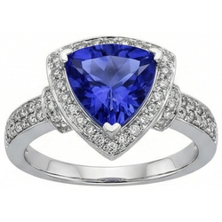 1.50 Ct Trillion Ceylon Sapphire And Round Natural Earth Mined DIAMOND ( NOT LAB GROWN )s Ring White Gold
