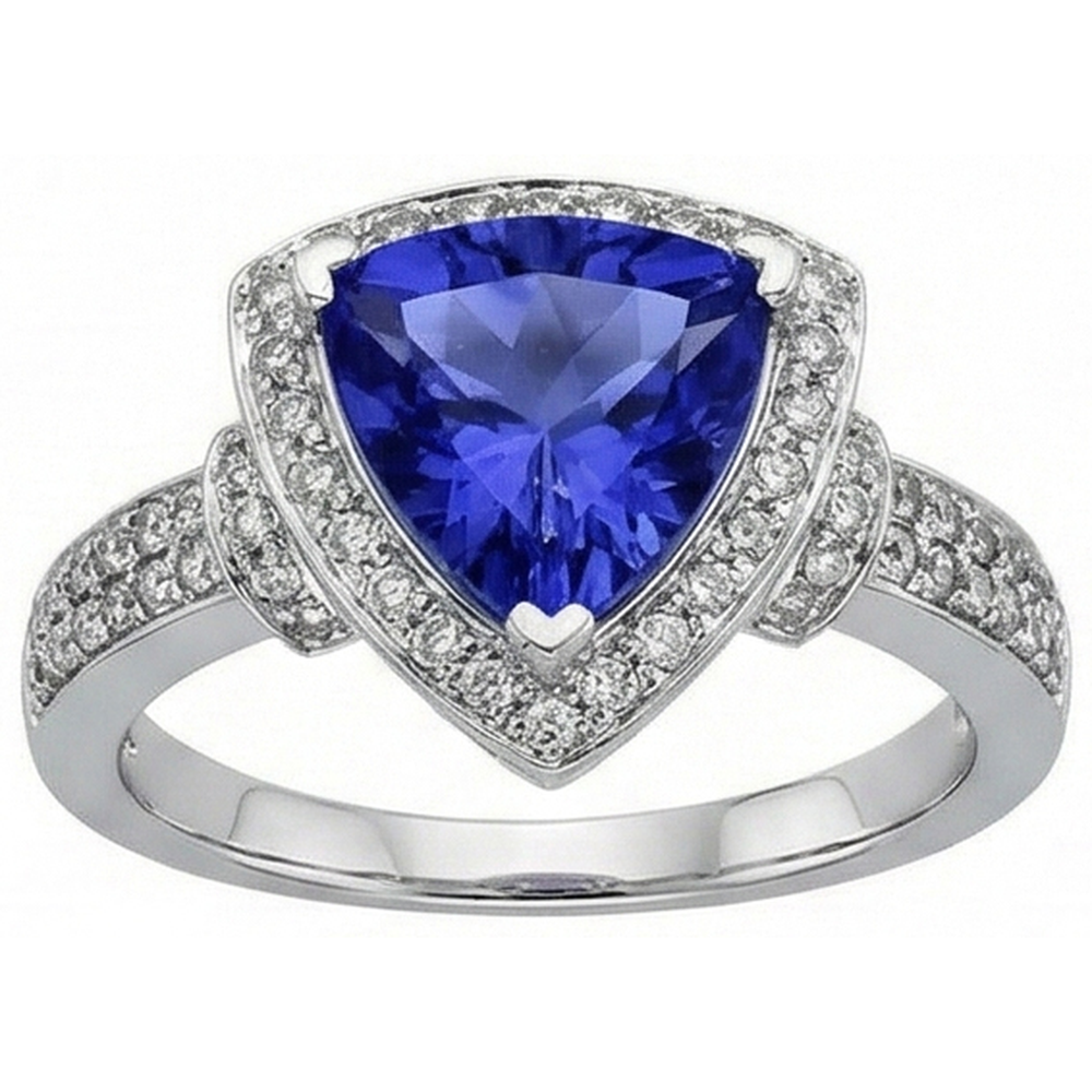 1.50 Ct Trillion Ceylon Sapphire And Round Natural Earth Mined DIAMOND ( NOT LAB GROWN )s Ring White Gold