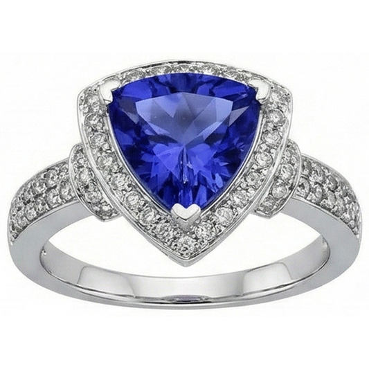 1.50 Ct Trillion Ceylon Sapphire And Round Natural Earth Mined DIAMOND ( NOT LAB GROWN )s Ring White Gold