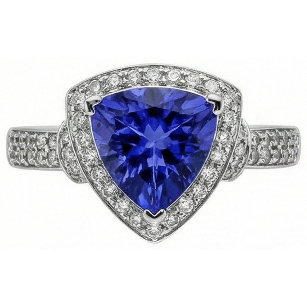 1.50 Ct Trillion Ceylon Sapphire And Round Natural Earth Mined DIAMOND ( NOT LAB GROWN )s Ring White Gold