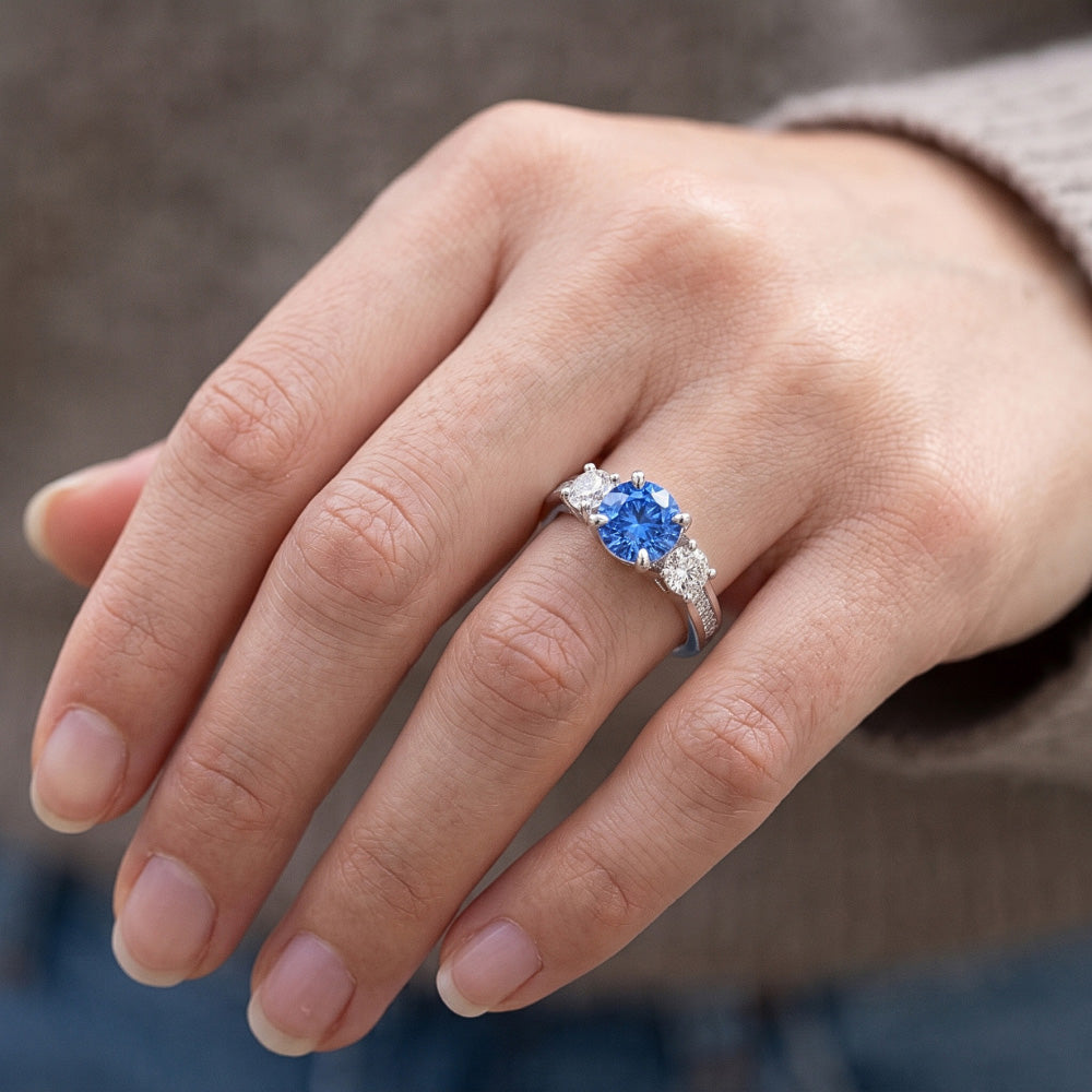 1.51 Ct. White Blue Natural Earth Mined Diamonds 3 Stone Gemstone Ring White Gold