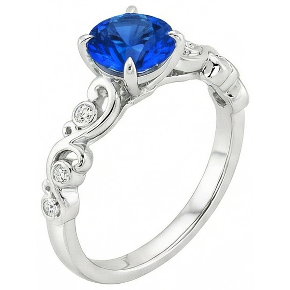 1.60 Ct Blue Round Sapphire And Natural Earth Mined Diamond Ring