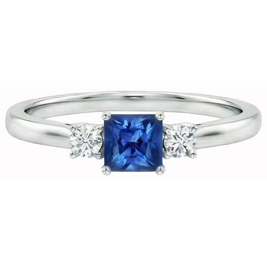 1.65 Ct Three Stone Ceylon Sapphire And Natural Earth Mined DIAMOND ( NOT LAB GROWN )s Ring White Gold 14K