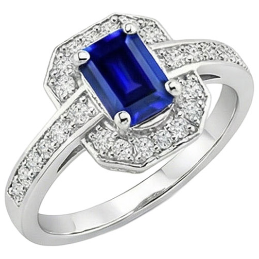 1.70 Carats Emerald Cut Ceylon Sapphire Natural Earth Mined DIAMOND ( NOT LAB GROWN ) Ring White Gold 14K