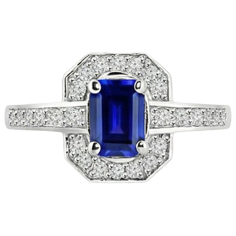 1.70 Carats Emerald Cut Ceylon Sapphire Natural Earth Mined DIAMOND ( NOT LAB GROWN ) Ring White Gold 14K