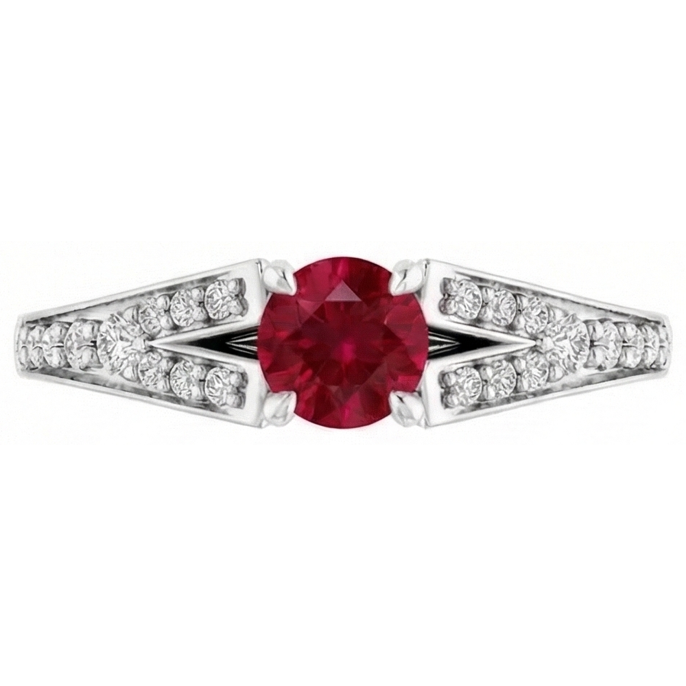1.75 Carats Split Shank Round Ruby Ring White Gold 14K