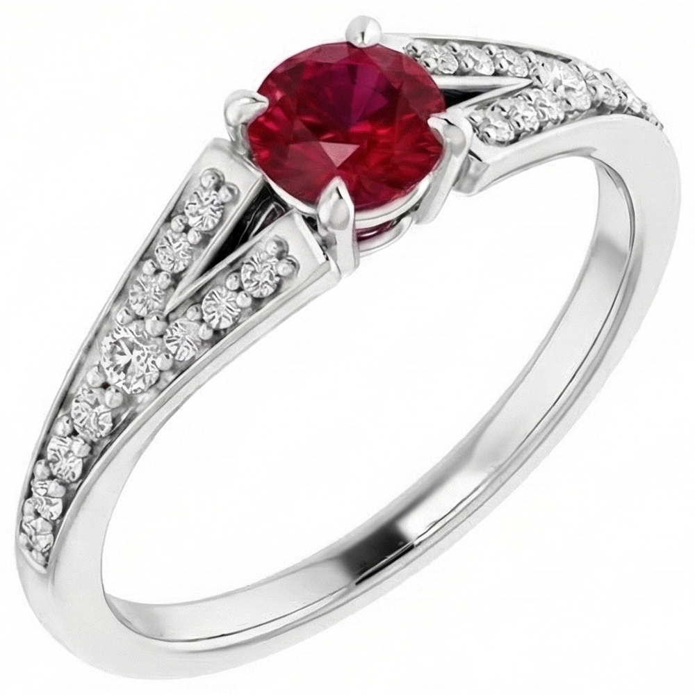 1.75 Carats Split Shank Round Ruby Ring White Gold 14K