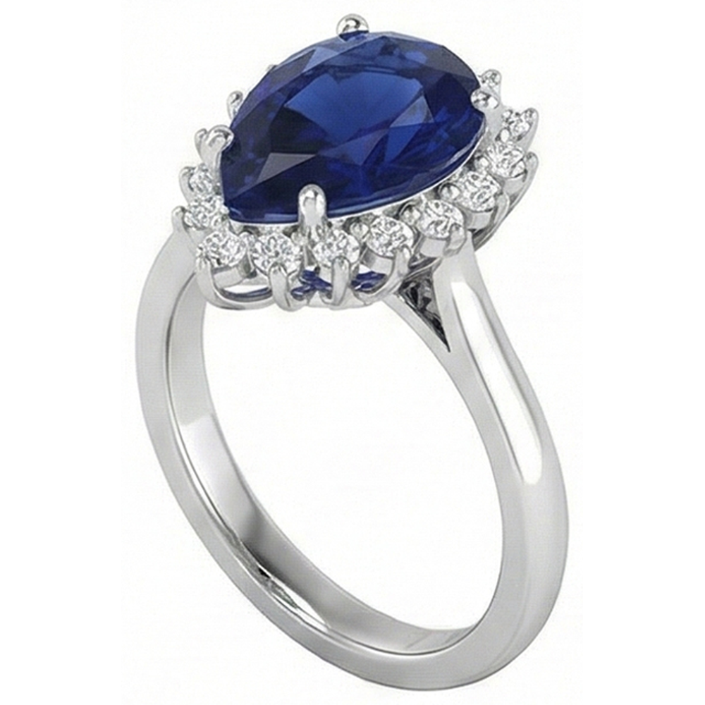 1.75 Ct Blue Pear Cut Sapphire With Natural Earth Mined Diamond Ring Lady Gold