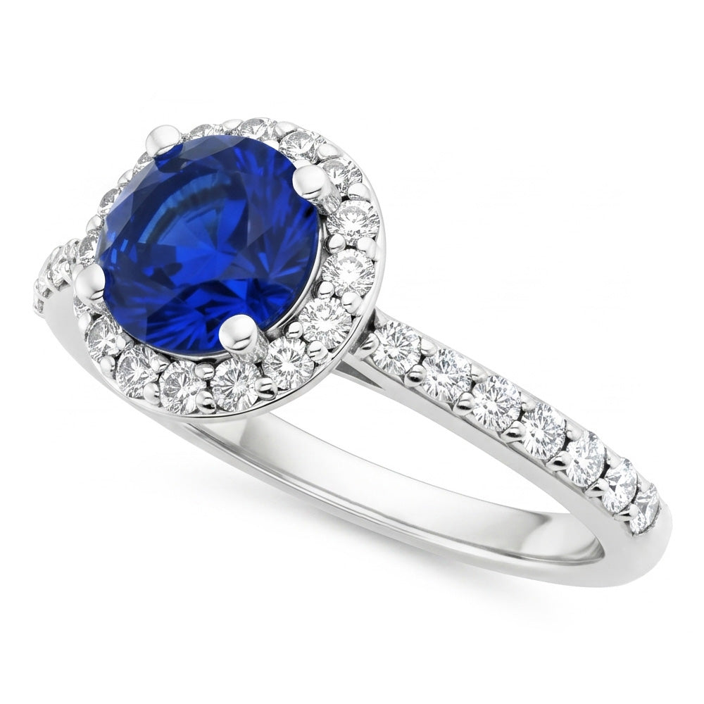 1.80 Ct Round Sri Lanka Sapphire Ring Halo Natural Earth Mined Diamond White Gold