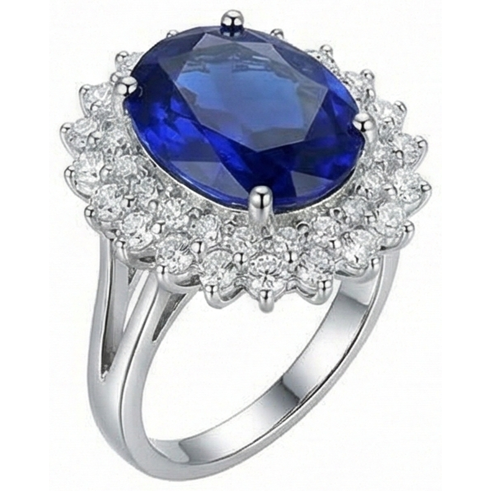1.85 Carats Oval Cut Blue Tanzanite And Natural Earth Mined Diamond Anniversary Ring