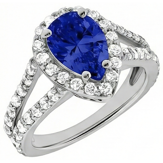 1.85 Ct Blue Pear Cut Tanzanite With Natural Earth Mined Diamonds Ring White Gold