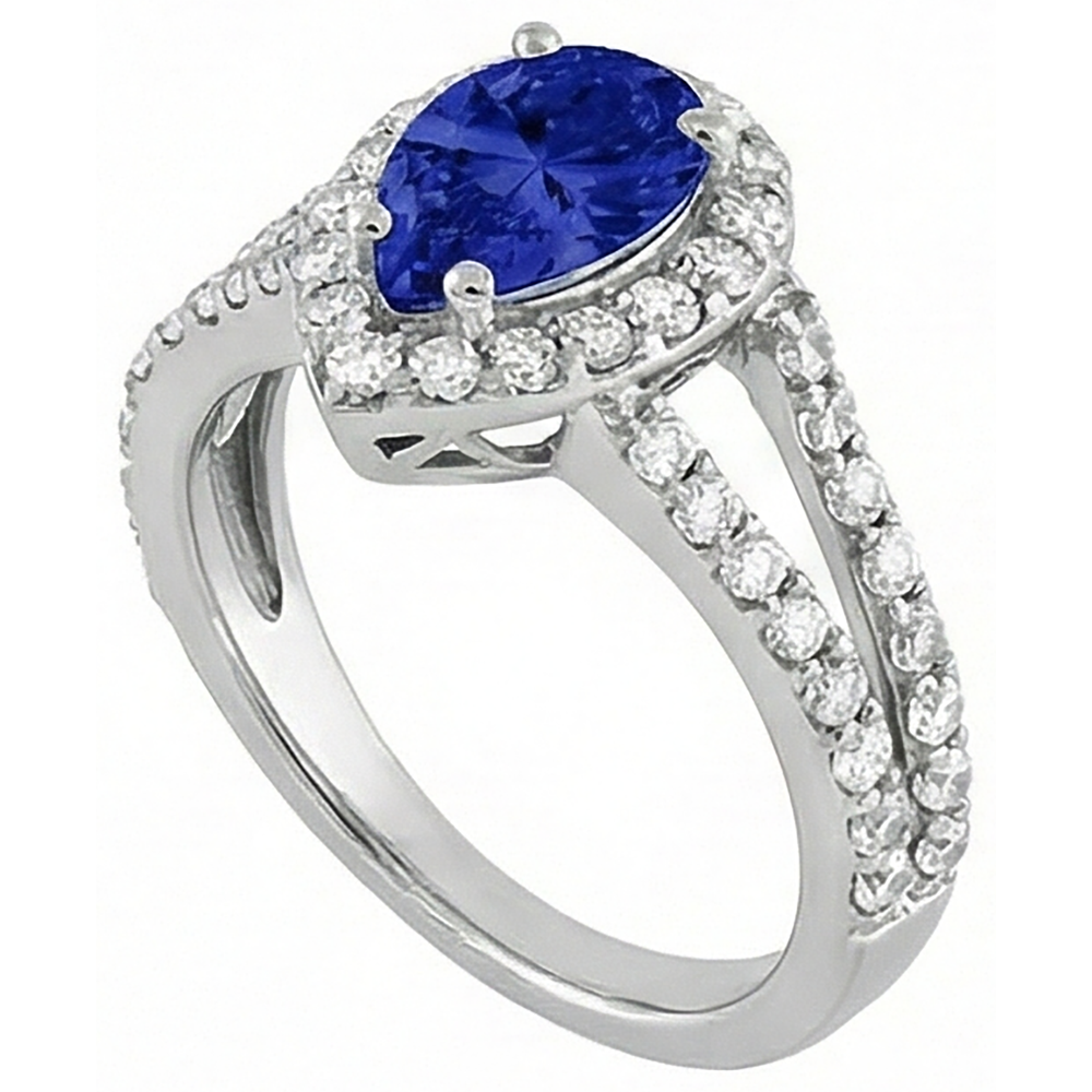 1.85 Ct Blue Pear Cut Tanzanite With Natural Earth Mined Diamonds Ring White Gold