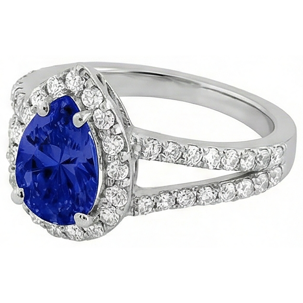 1.85 Ct Blue Pear Cut Tanzanite With Natural Earth Mined Diamonds Ring White Gold