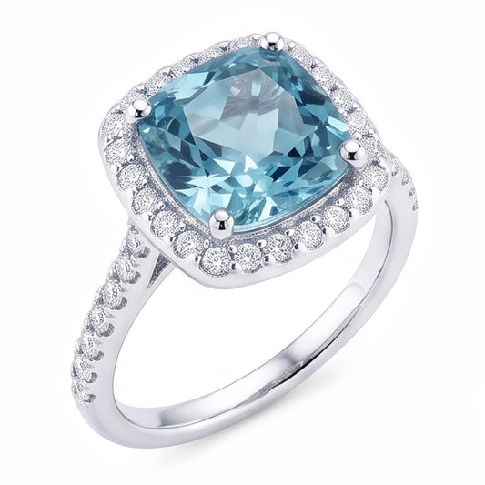 1.91 Carats Blue Cushion Halo Center Gemstone Ring White Gold 14K
