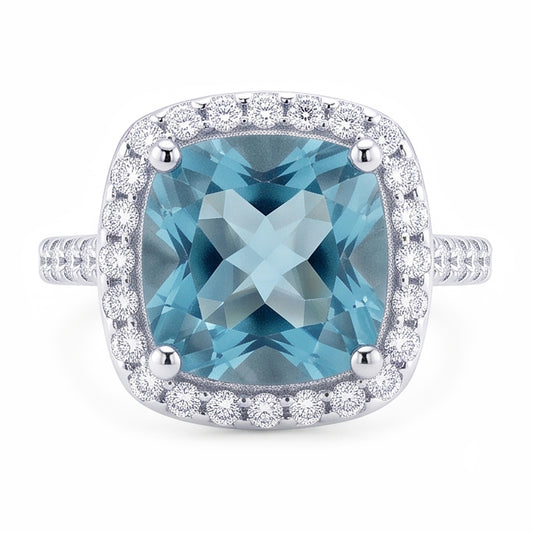 1.91 Carats Blue Cushion Halo Center Gemstone Ring White Gold 14K