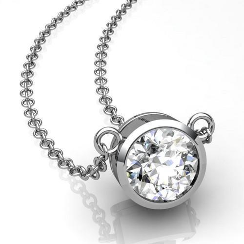 1 Carat Bezel Set Round Cut Real Diamond Necklace Pendant Gold 14K