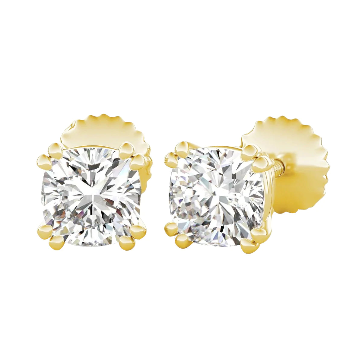 1 Carat Cushion Cut Double Prong Real Diamond Stud Earring Yellow Gold
