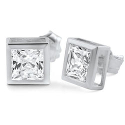 1 Carat Princess Cut Real Diamond Stud Earrings 14K White Gold