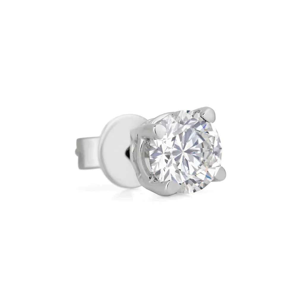 1 Carat Single Round Natural Diamond Men's Stud Earring 14K White Gold