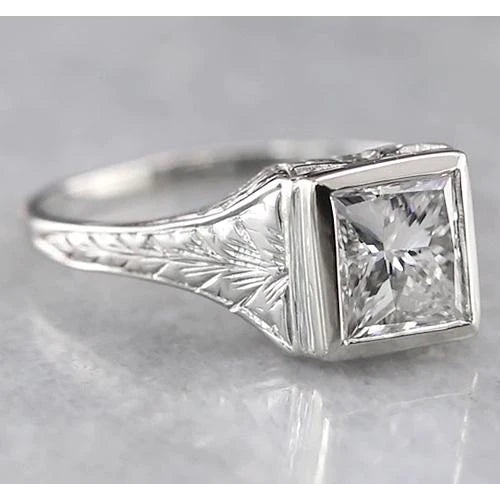 1 Carat Solitaire Princess Real Diamond Ring Antique Style White Gold 14K