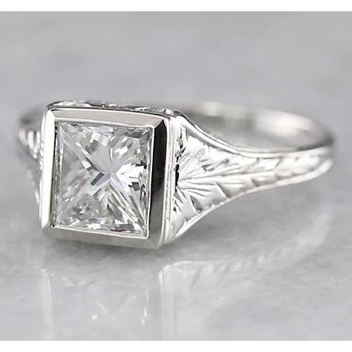 1 Carat Solitaire Princess Real Diamond Ring Antique Style White Gold 14K