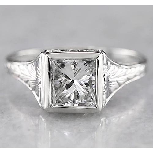 1 Carat Solitaire Princess Real Diamond Ring Antique Style White Gold 14K