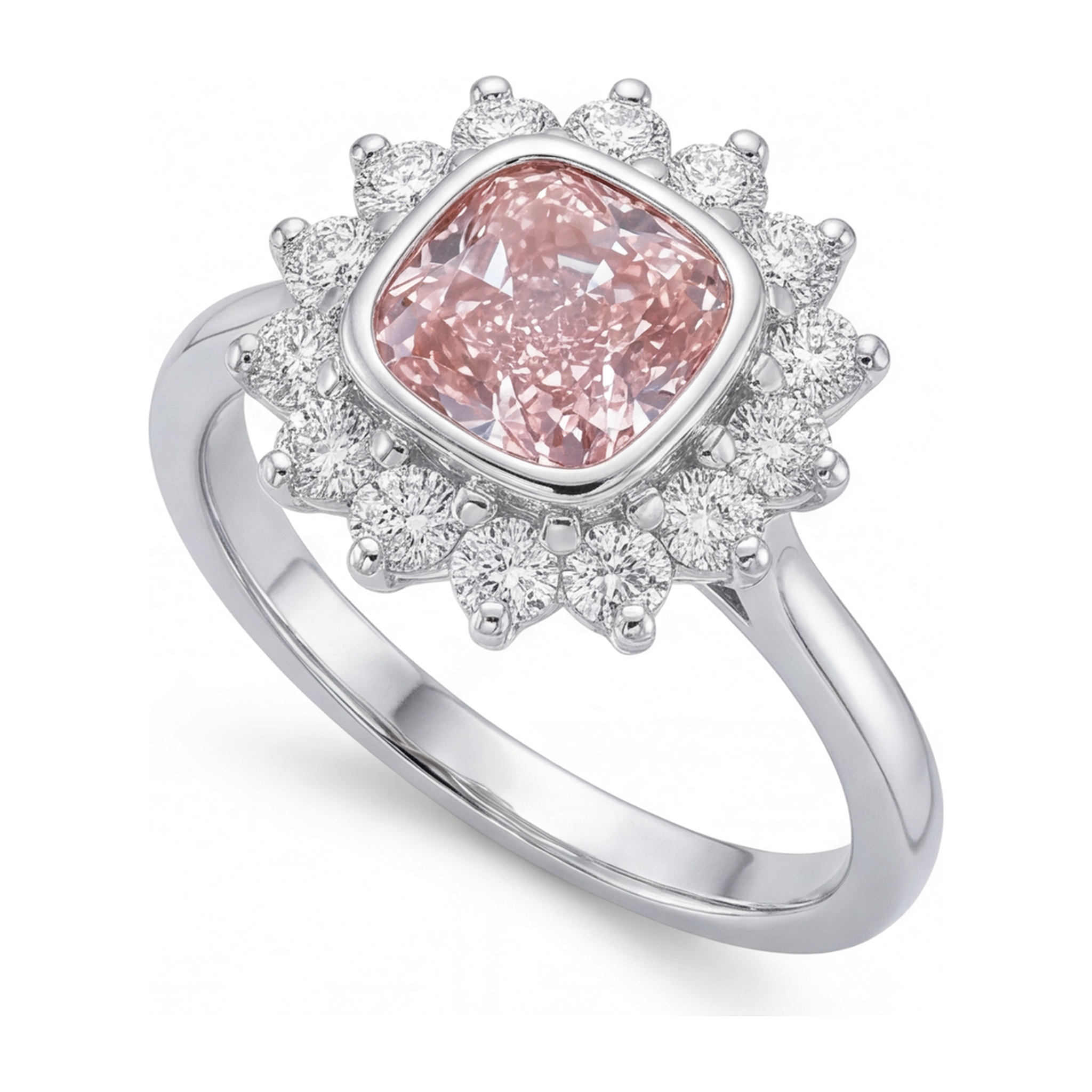 Pink Gem Engagement Ring 1 Carat Lab Grown Cushion Diamond Halo 14K White Gold