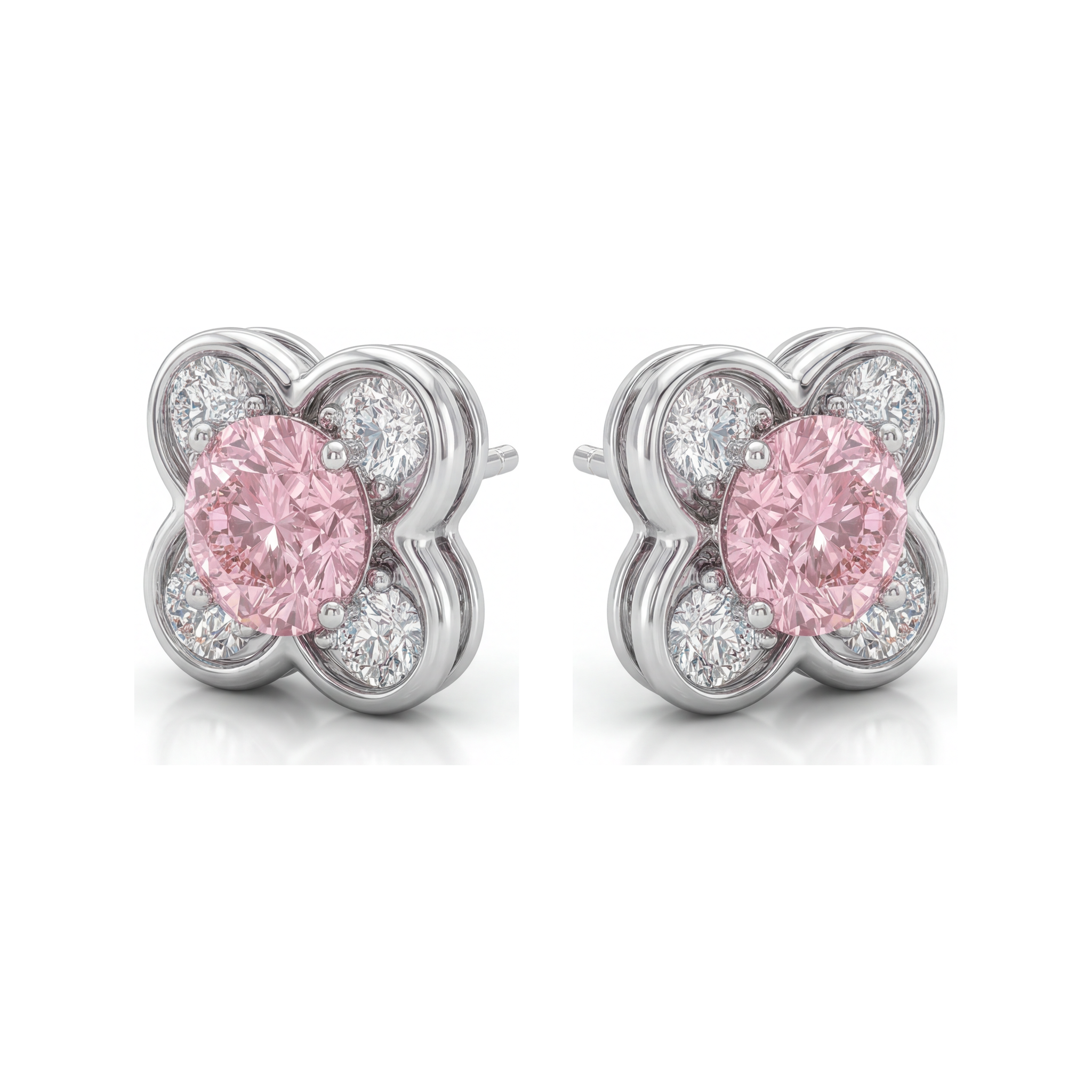 Pink Diamond Earrings 1 Carat Lab Grown Round Cluster 14K White Gold