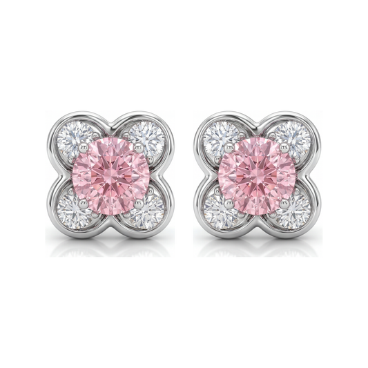 Pink Diamond Earrings 1 Carat Lab Grown Round Cluster 14K White Gold
