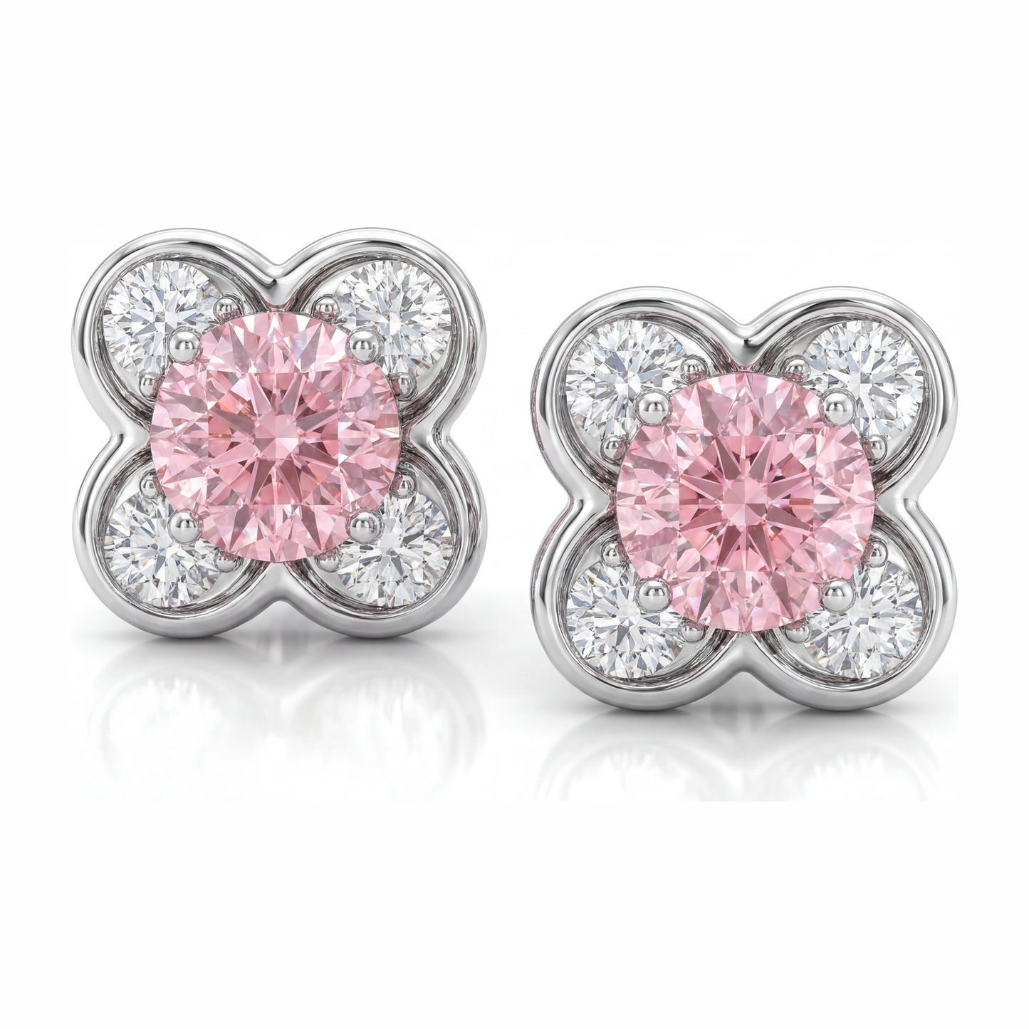 Pink Diamond Earrings 1 Carat Lab Grown Round Cluster 14K White Gold