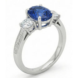 1.5 Ct Oval Sri Lanka Sapphire And Natural Earth Mined DIAMOND ( NOT LAB GROWN ) Three Stone Ring Gold 14K