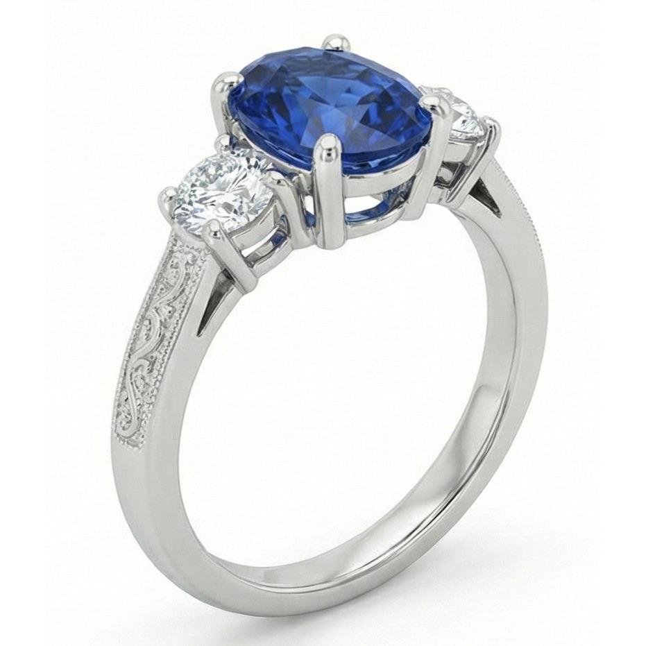 1.5 Ct Oval Sri Lanka Sapphire And Natural Earth Mined DIAMOND ( NOT LAB GROWN ) Three Stone Ring Gold 14K