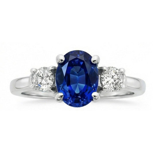 1.5 Ct Oval Sri Lanka Sapphire And Natural Earth Mined DIAMOND ( NOT LAB GROWN ) Three Stone Ring Gold 14K