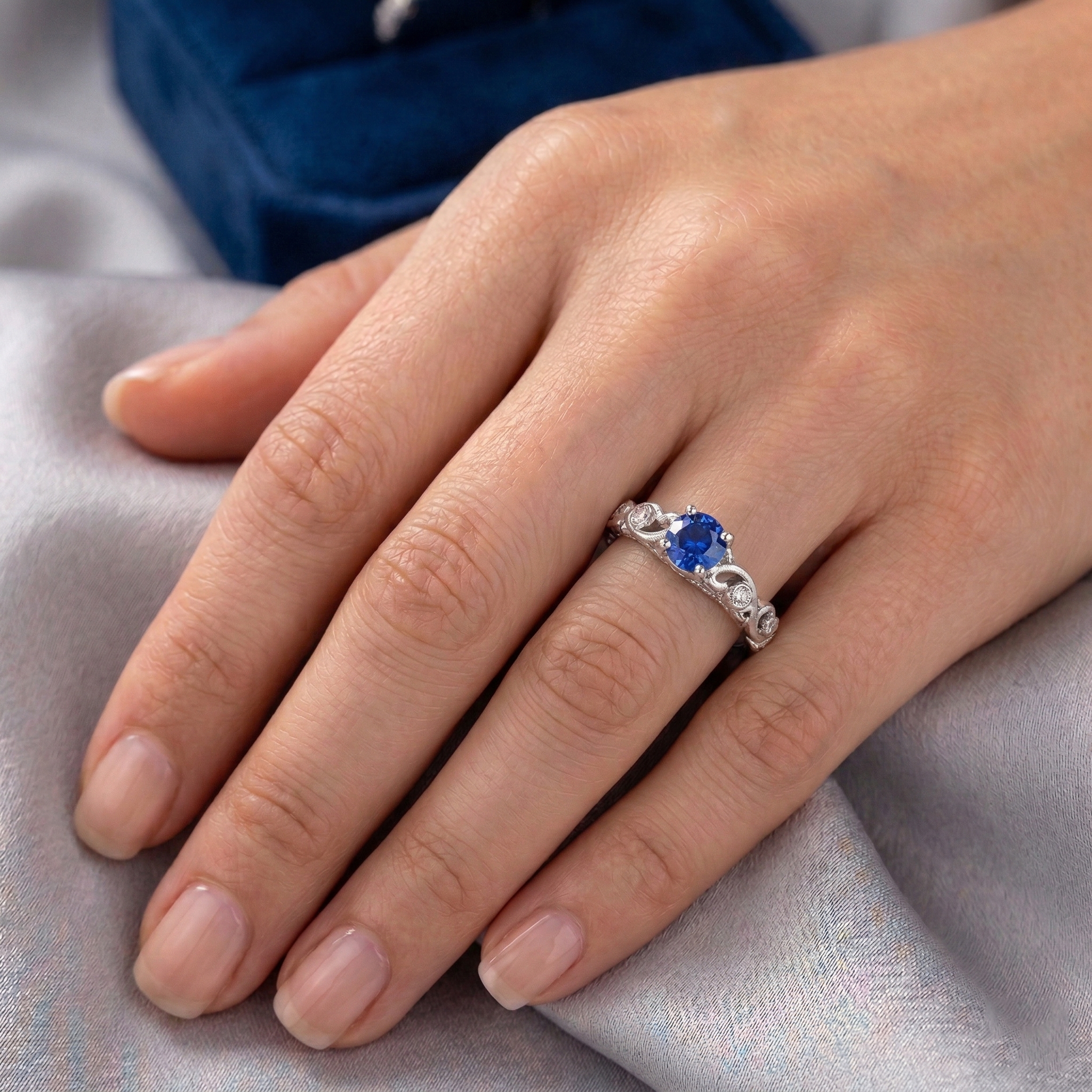 1.60 Ct Blue Round Sapphire And Natural Earth Mined Diamond Ring