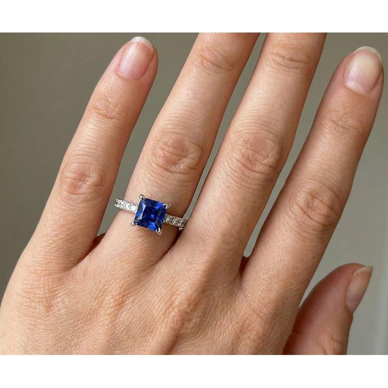 1.90 Ct Sri Lanka Blue Sapphire Natural Earth Mined DIAMOND ( NOT LAB GROWN ) Engagement Ring White Gold 14K