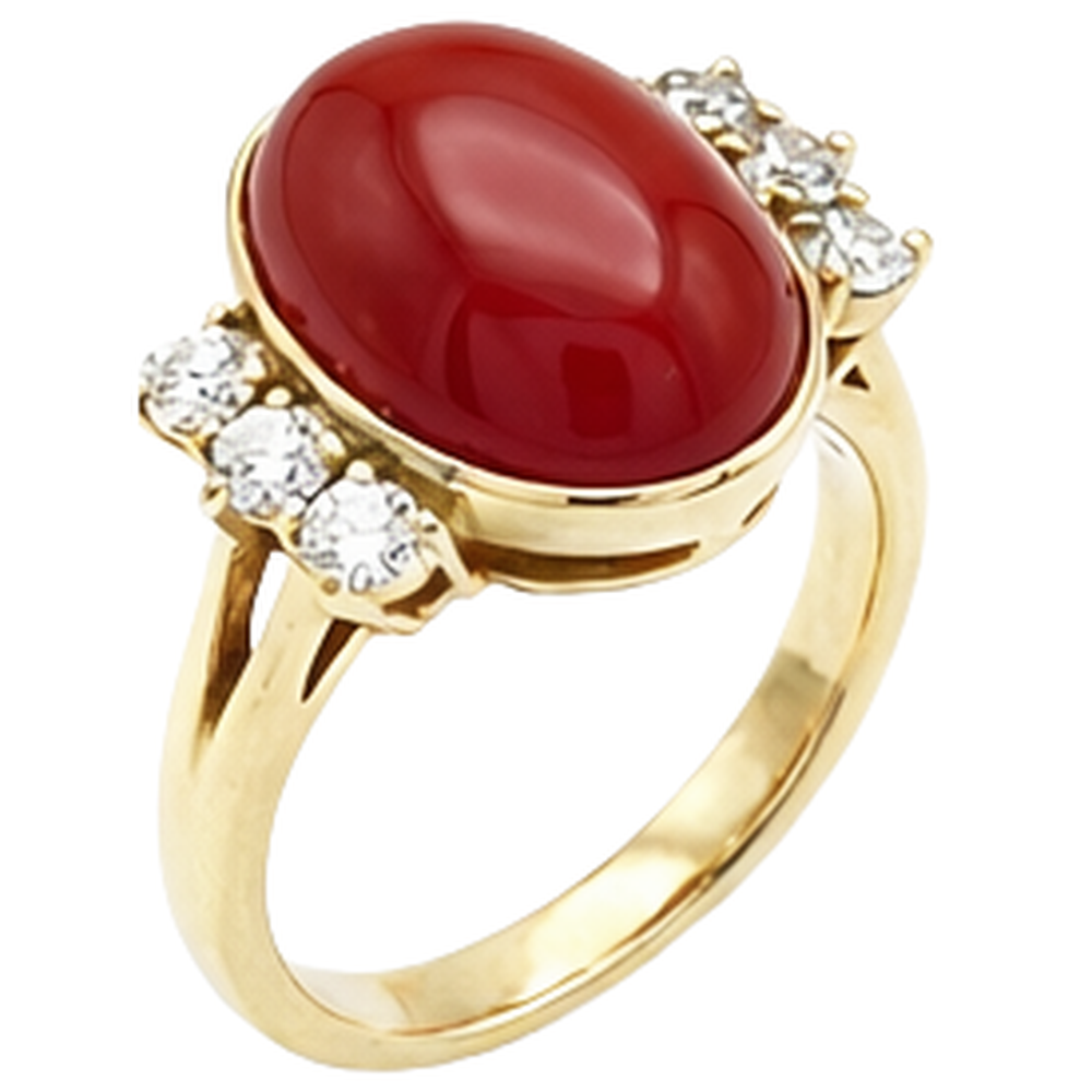 10.25 Carats Big Red Coral With Natural Earth Mined Diamonds Ring New Yellow Gold 14K
