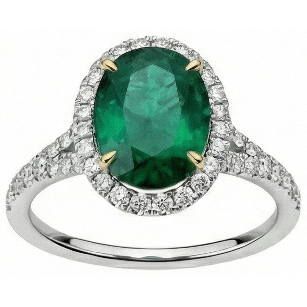 10 Carats Oval Green Emerald And Round Natural Earth Mined Diamond Ring Fine Jewellery