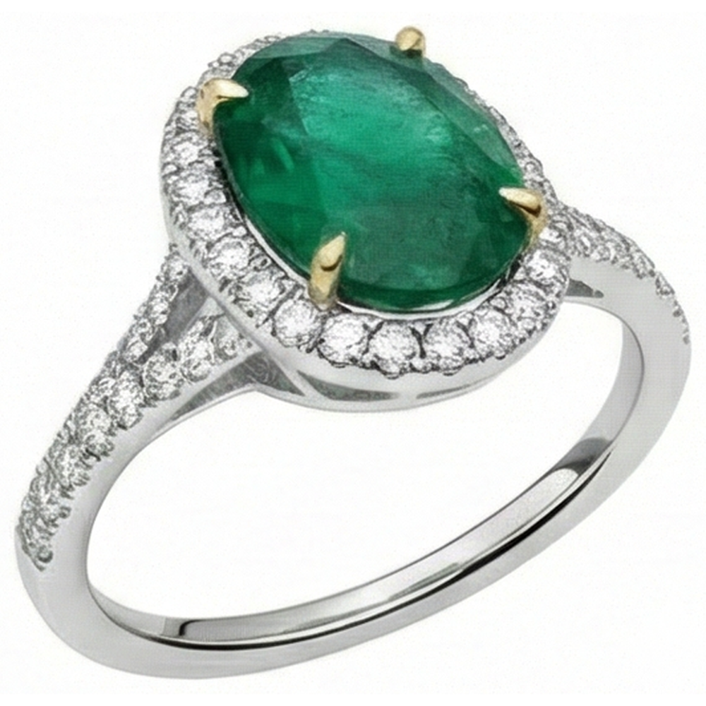10 Carats Oval Green Emerald And Round Natural Earth Mined Diamond Ring Fine Jewellery