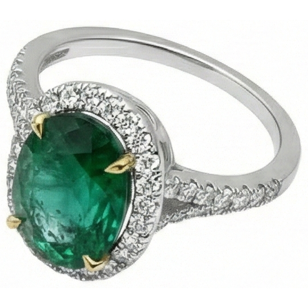 10 Carats Oval Green Emerald And Round Natural Earth Mined Diamond Ring Fine Jewellery