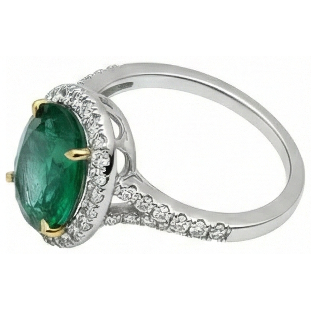 10 Carats Oval Green Emerald And Round Natural Earth Mined Diamond Ring Fine Jewellery