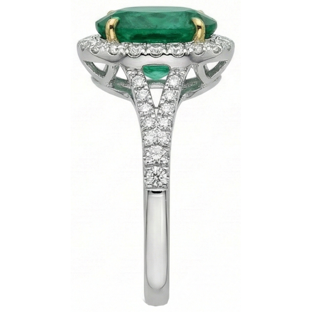 10 Carats Oval Green Emerald And Round Natural Earth Mined Diamond Ring Fine Jewellery