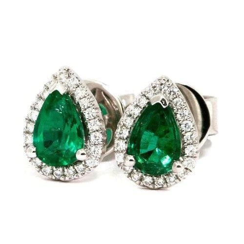 10 Carats Pear Cut Green Emerald With Round Diamond Stud Halo Earrings 14K