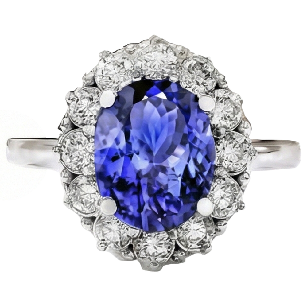 10 Ct Oval Tanzanite And Natural Earth Mined Diamonds Ring Gold White 14K Prong Set