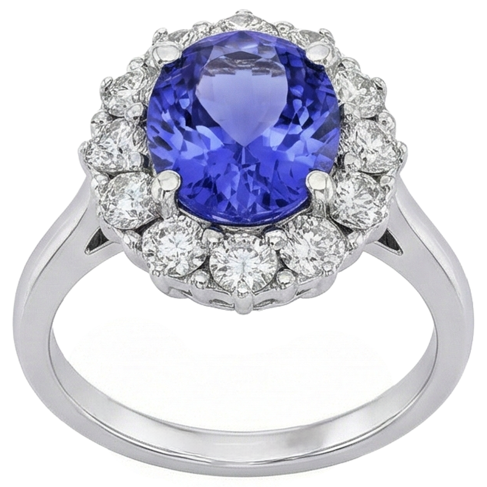 10 Ct Oval Tanzanite And Natural Earth Mined Diamonds Ring Gold White 14K Prong Set