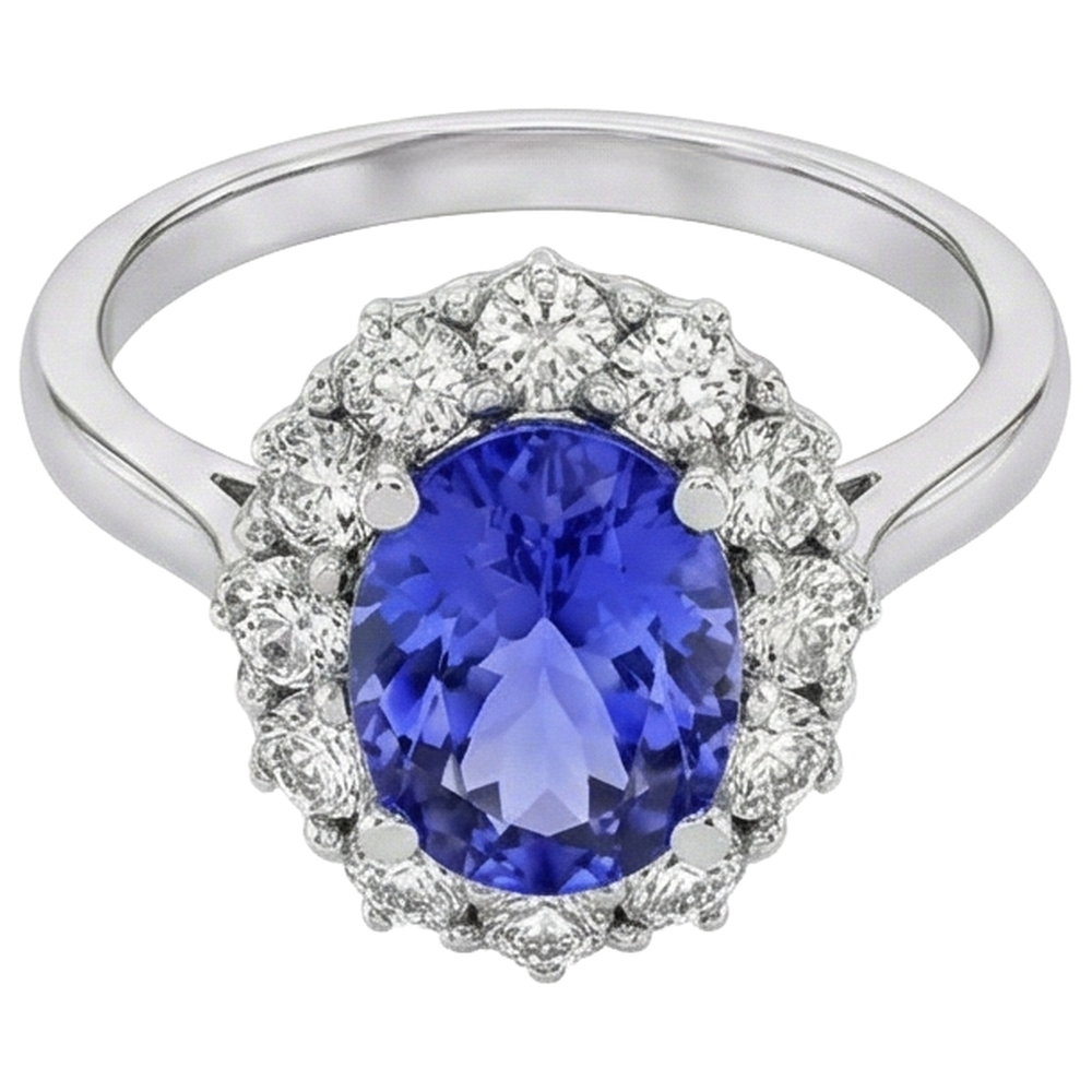 10 Ct Oval Tanzanite And Natural Earth Mined Diamonds Ring Gold White 14K Prong Set