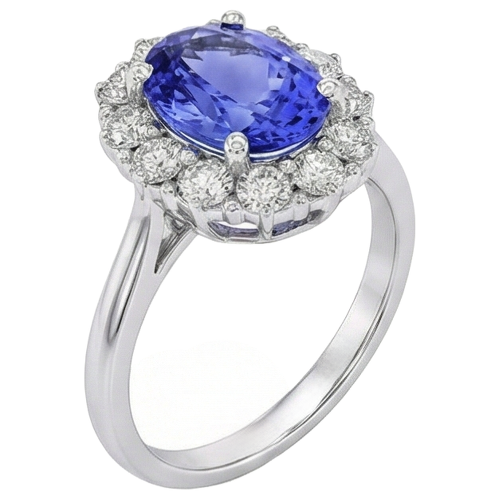 10 Ct Oval Tanzanite And Natural Earth Mined Diamonds Ring Gold White 14K Prong Set