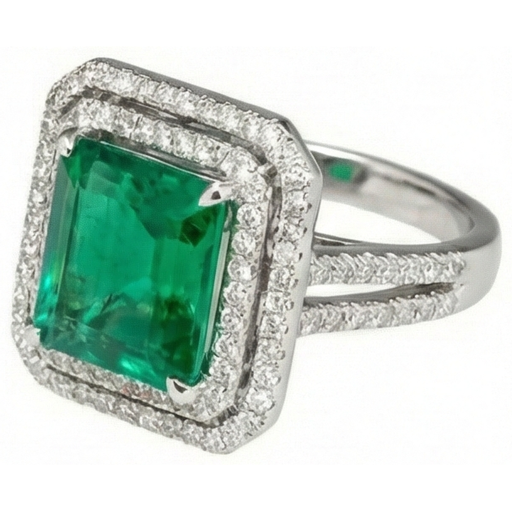 10 Ct Princess Cut Green Emerald With Natural Earth Mined Diamond Ring