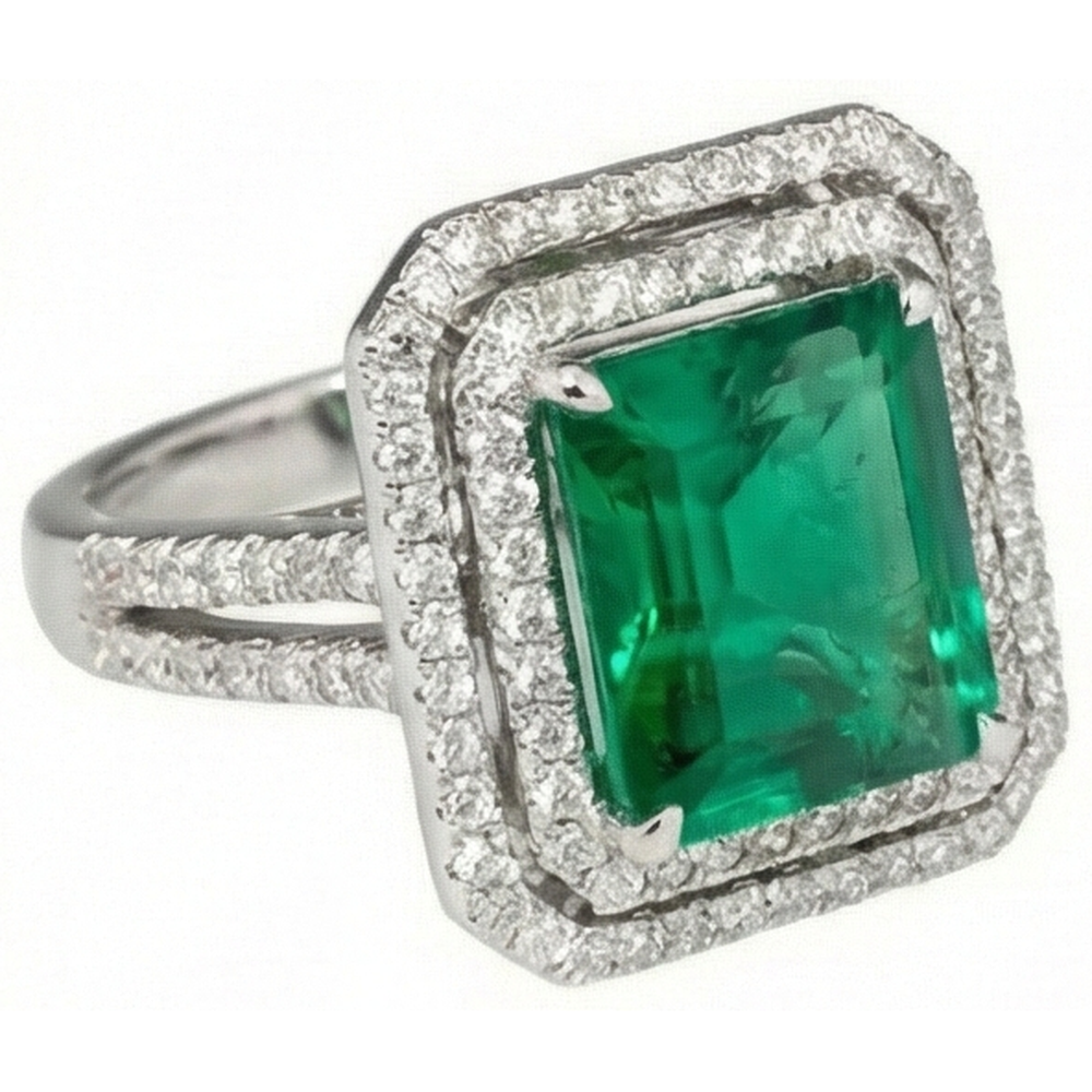 10 Ct Princess Cut Green Emerald With Natural Earth Mined Diamond Ring