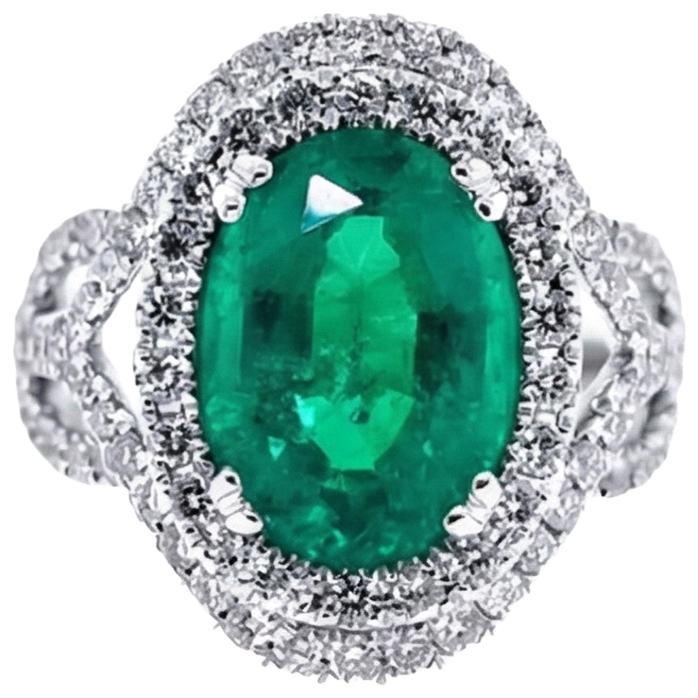 11.25 Carats Oval Cut Green Emerald & Natural Earth Mined Diamond 14K White Gold Anniversary Ring
